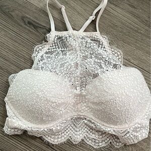 High neck eye lash lace white Victoria’s Secret pink bralette